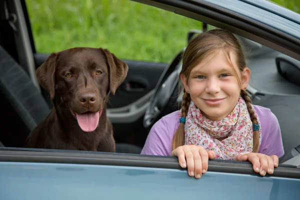 Ребенок и собака в машине — стоковое фото