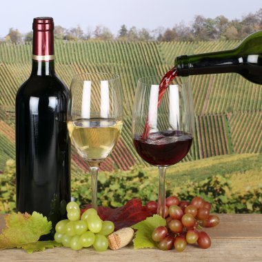 Wine pouring from bottle into glass in the vineyards clipart