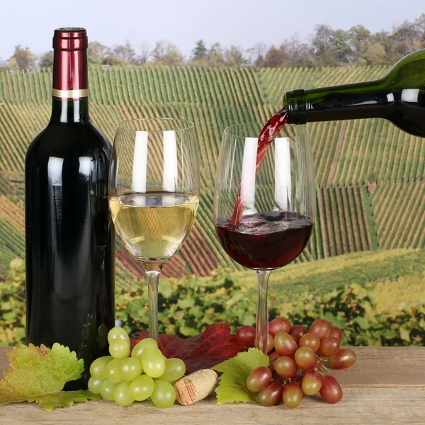 Wine pouring from bottle into glass in the vineyards — Stock Photo, Image