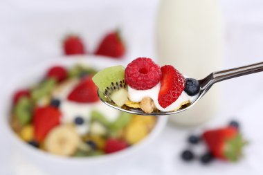 Kahvaltı için kaşık üzerinde meyve müsli