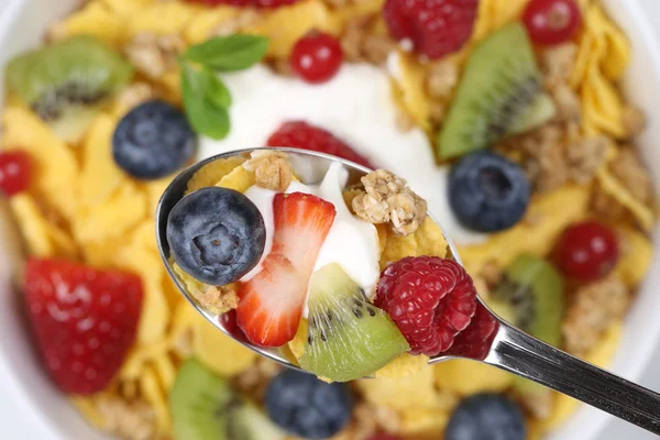 Fruit muesli with yogurt on a spoon — Stock Photo, Image