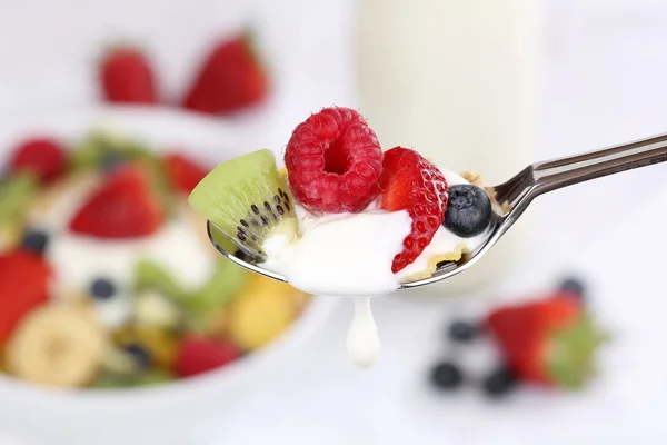 Goutte de yaourt aux fruits sur la cuillère pour le petit déjeuner — Photo