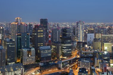 Osaka Japonya skyline şehir merkezinde, gece