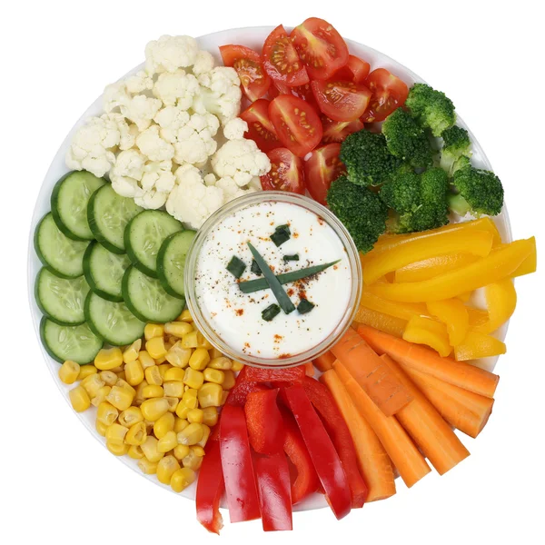 Vegetariska grönsaker tallrik med yoghurt dip — Stockfoto