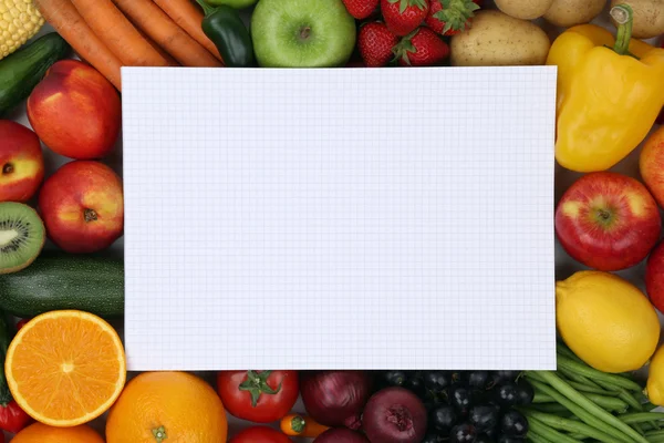 Blocco note con frutta fresca, verdura copyspace — Foto Stock