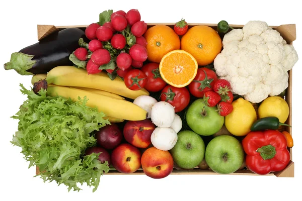 Fruits et légumes en boîte isolée — Photo