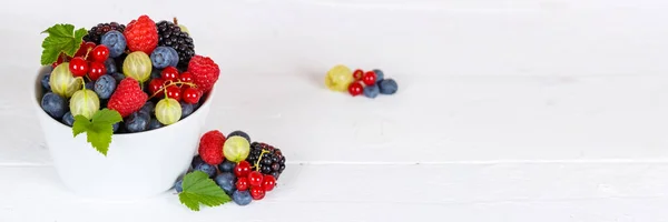 Φρούτα Μούρα Φράουλες Φράουλα Blueberries Πανόραμα Βατόμουρο Ένα Μπολ Καλοκαίρι — Φωτογραφία Αρχείου