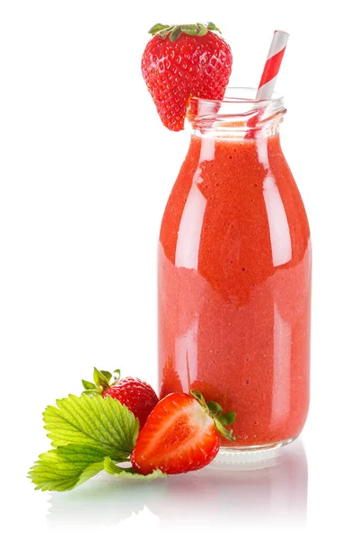 Aardbei Smoothie Vruchtensap Drinken Een Fles Geïsoleerd Een Witte Achtergrond — Stockfoto