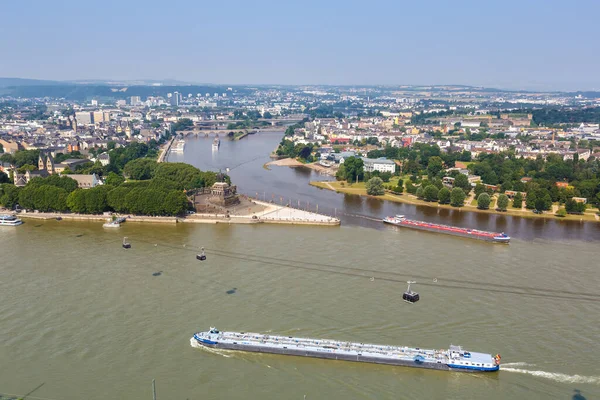 Koblenz Deutsches Eck German Corner Rhine Mosel River Ships Boats — Stockfoto