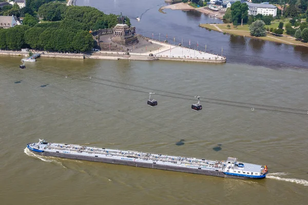 Koblenz Deutsches Eck Német Corner Rajna Mosel Folyó Hajókkal Felvonóval — Stock Fotó