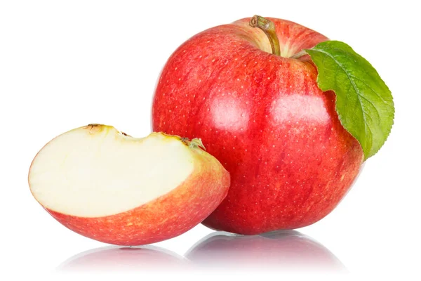 Μήλα Φρούτα Κόκκινα Φρούτα Μήλο Φέτες Φύλλα Φρέσκα Απομονώνονται Λευκό — Φωτογραφία Αρχείου