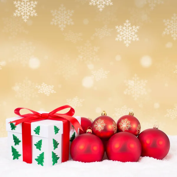 Karácsonyi Kártya Ajándék Ajándék Arany Dekoráció Ajándékok Téli Hógolyók Négyzet — Stock Fotó