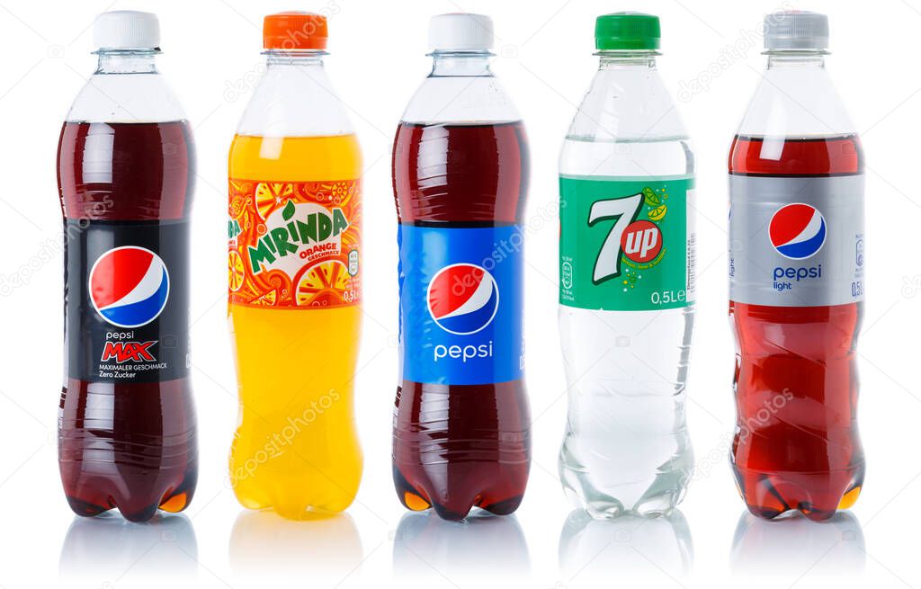 Stuttgart, Germany - August 24, 2021 Pepsi Cola 7 up lemonade soft drinks in plastic bottles isolated on a white background in Stuttgart, Germany.