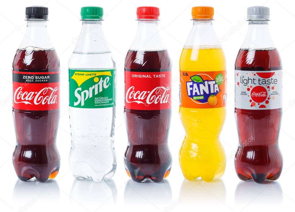 Stuttgart, Germany - August 29, 2021 Coca Cola Coca-Cola Fanta Sprite products lemonade soft drink in plastic bottles isolated on a white background in Stuttgart, Germany.