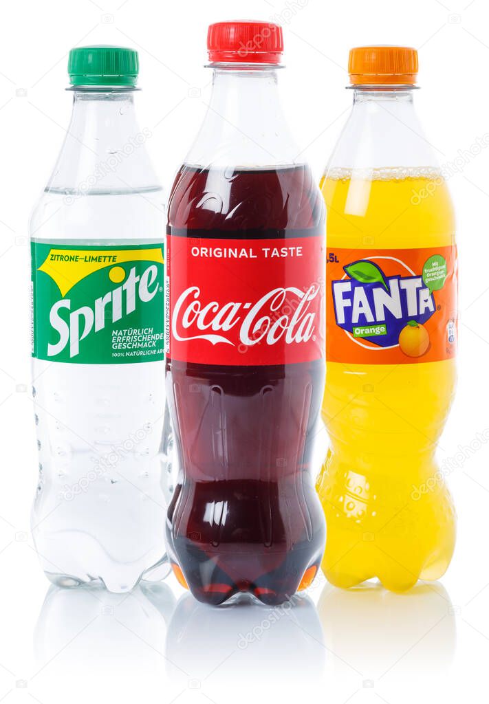 Stuttgart, Germany - August 29, 2021 Coca Cola Coca-Cola Fanta Sprite lemonade drinks in plastic bottles isolated on a white background in Stuttgart in Germany.