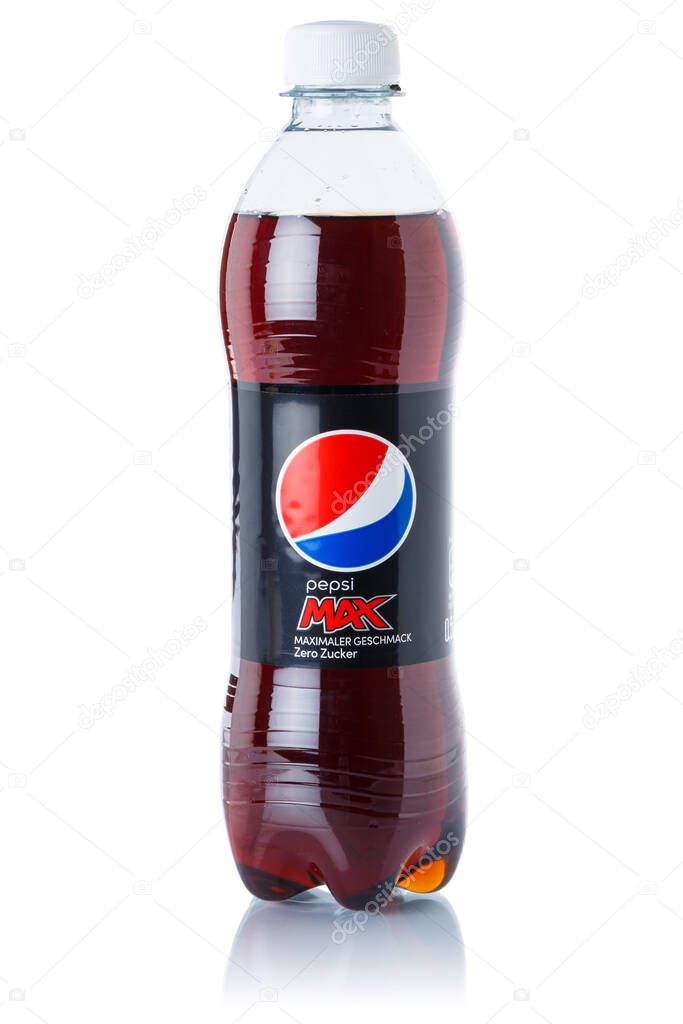 Stuttgart, Germany - August 24, 2021 Pepsi Max Cola lemonade soft drink bottle isolated on a white background in Stuttgart, Germany.