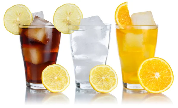 Drinks Lemonade Cola Drink Softdrinks Glass Row Lemon Isolated White — Stock Photo, Image