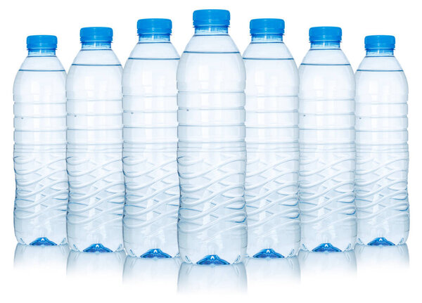 Water drinks in many bottles isolated on a white background