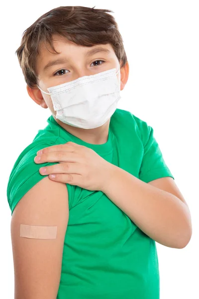 Corona Vírus Elleni Arcmaszkot Viselő Gipszes Gyerek Coronavirus Oltás Után — Stock Fotó