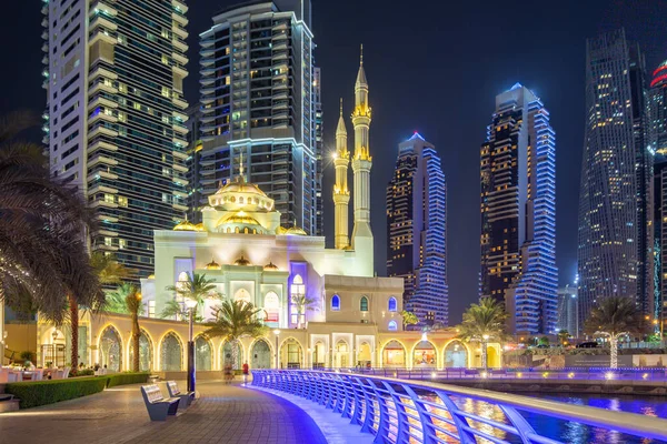 Moskee Dubai Marina Skyline Architectuur Rijkdom Luxe Reizen Nachts Verenigde — Stockfoto