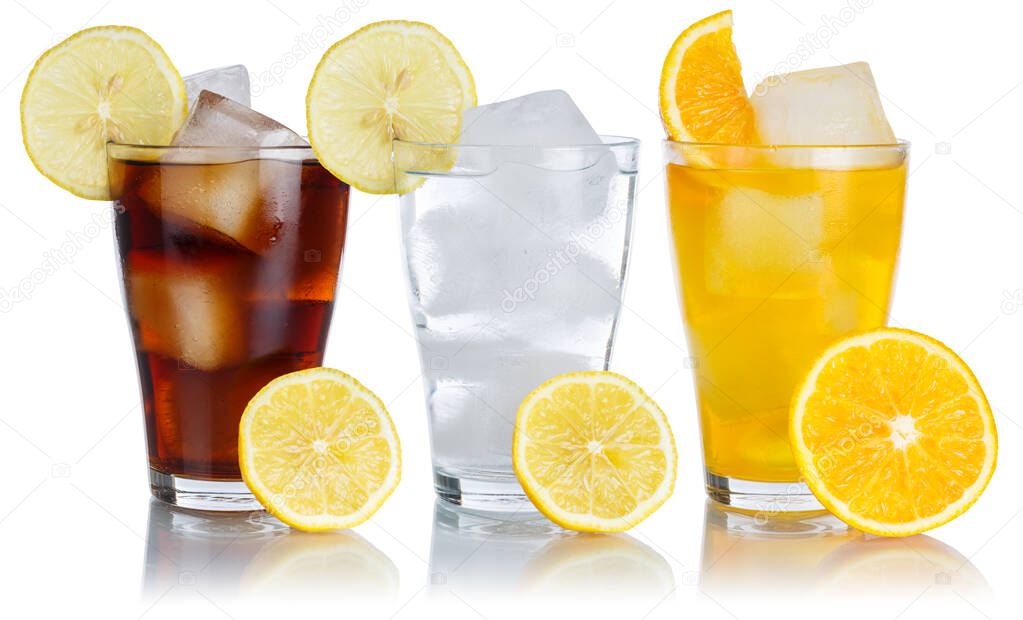 Drinks lemonade cola drink softdrinks glass in a row with lemon isolated on a white background