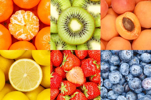 Sammlung Von Früchten Obst Collage Hintergrund Mit Erdbeeren Erdbeere Zitrone — Stockfoto