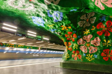 Stockholm, İsveç - 26 Haziran 2013 Artistic Metro istasyonu Alby of tunnelbana yeraltı metrosu Stockholm, İsveç.