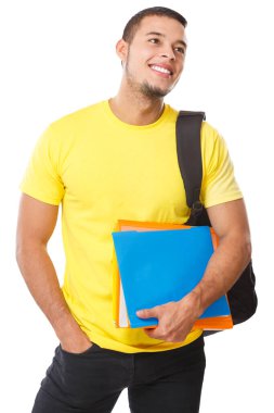 Öğrenci bakıyor reklamlara gülümsüyor mutlu genç adamlar beyaz bir arka planda izole edilmiş insanlar