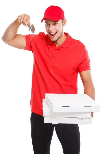 Pizza Pojke Leverans Latin Man Order Leverera Cutter Leverera Låda — Stockfoto