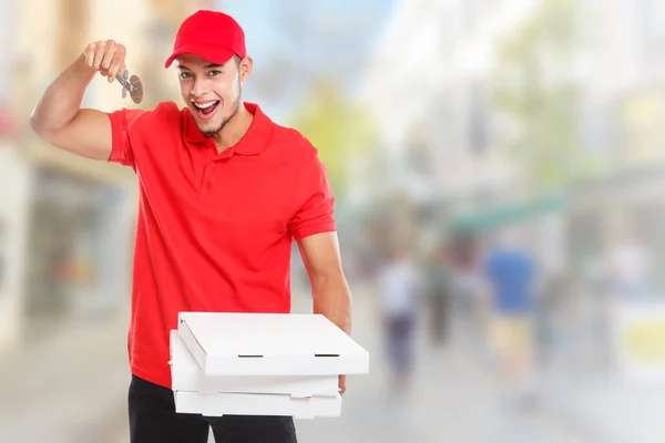 Pizza Jongen Levering Latijnse Man Bestelling Leveren Cutter Leveren Doos — Stockfoto