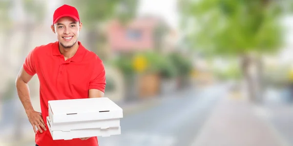 Entrega Pizza Latino Homem Menino Ordem Entregando Trazendo Entregar Banner — Fotografia de Stock