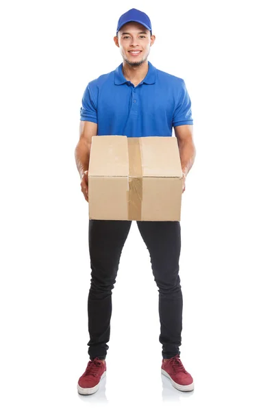 Paquete Caja Servicio Entrega Paquetes Para Hombre Joven Que Entrega — Foto de Stock