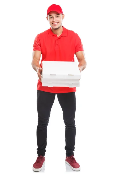 比萨递送拉汀男单带来全身人像递送箱隔离在白色背景 — 图库照片