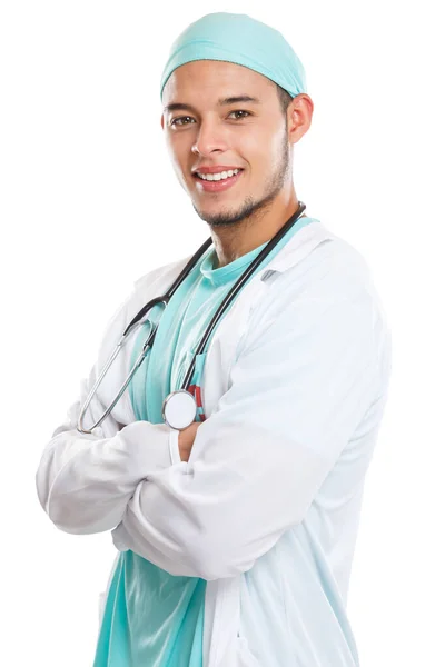 Genç Doktor Portresi Yan Görünüm Mesleği Latin Erkek Doktoru Beyaz — Stok fotoğraf