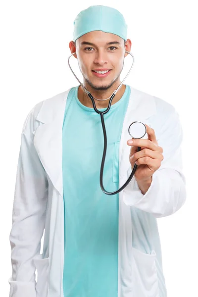 Mladý Lékař Stetoskopem Srdce Dýchání Kontrola Onemocnění Muž Izolovaný Bílém — Stock fotografie