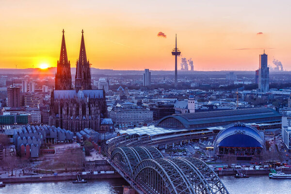 Cologne Cathedral church Germany twilight skyline city town sunset bridge evening