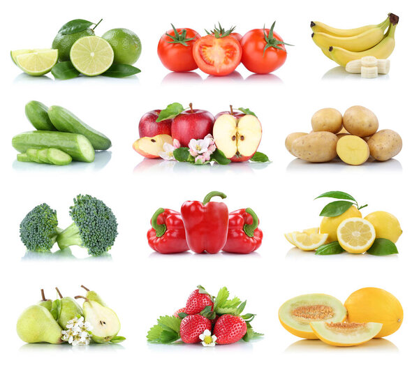 Fruits vegetables collection isolated apple apples strawberries tomatoes banana colors fresh fruit on a white background