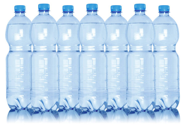 Water bottles in a row collection isolated on a white background