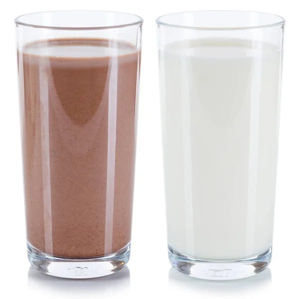 Φρέσκο Γάλα Σοκολάτα Ποτά Γυαλί Απομονώνονται Λευκό Φόντο — Φωτογραφία Αρχείου