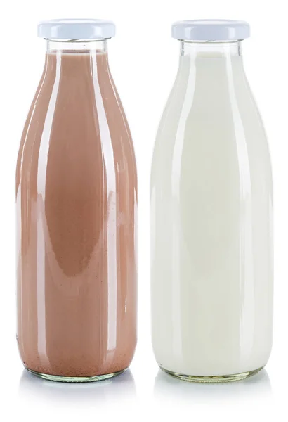 Φιάλες Φρέσκου Γάλακτος Και Ροφημάτων Σοκολάτας Που Απομονώνονται Λευκό Φόντο — Φωτογραφία Αρχείου