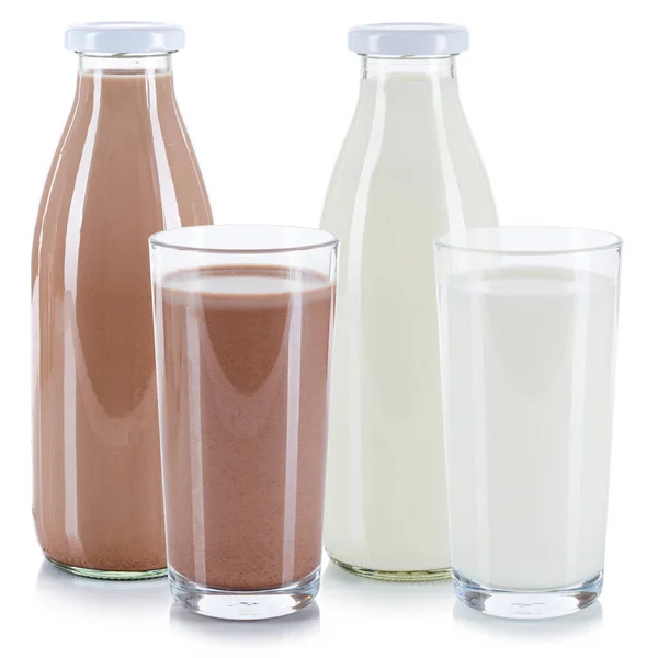 Φρέσκο Γάλα Και Σοκολάτα Γυάλινη Φιάλη Που Απομονώνεται Λευκό Φόντο — Φωτογραφία Αρχείου