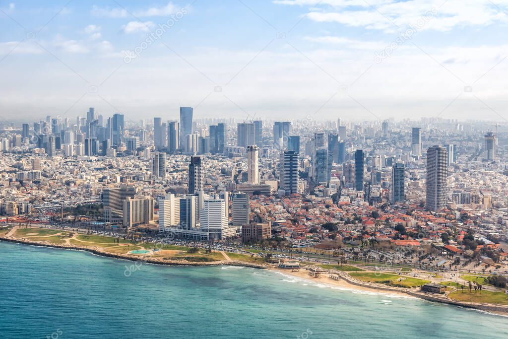 Tel Aviv skyline beach aerial view photo Israel city Mediterranean sea skyscrapers photography