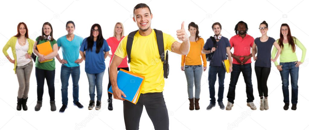 Group of students college student young success successful thumbs up smiling isolated on a white background