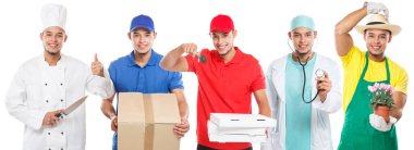 Bir grup genç insan mesleği meslek edinme mesleği doktor aşçılığı işi beyaz bir arka planda izole edilmiş