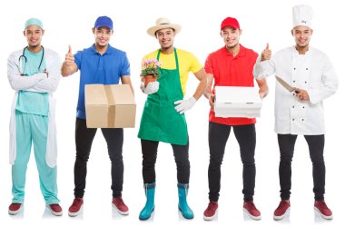 Bir grup gencin mesleği beyaz bir arkaplanda izole edilmiş vücut portresi koleksiyonu mesleği