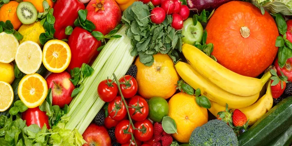 Mat Bakgrund Frukt Och Grönsaker Samling Äpplen Apelsiner Banner Tomater — Stockfoto