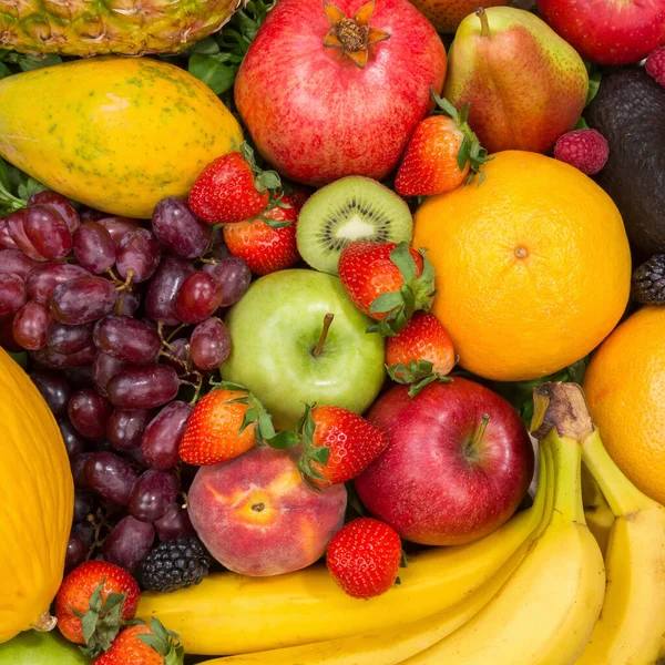 Fondo Alimentario Frutas Recolección Manzanas Bayas Cuadradas Naranjas Limones Fruta —  Fotos de Stock