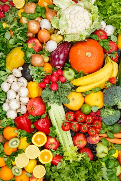 Fundo Alimentar Recolha Frutas Legumes Formato Retrato Maçãs Laranjas Tomates — Fotografia de Stock