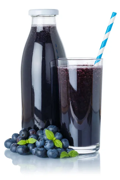 Blueberry Smoothie Fruchtsaft Trinken Blaubeeren Glas Und Flasche Isoliert Auf — Stockfoto