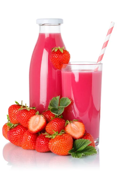 Aardbeien Smoothie Vruchtensap Drinken Aardbeien Glas Fles Geïsoleerd Een Witte — Stockfoto